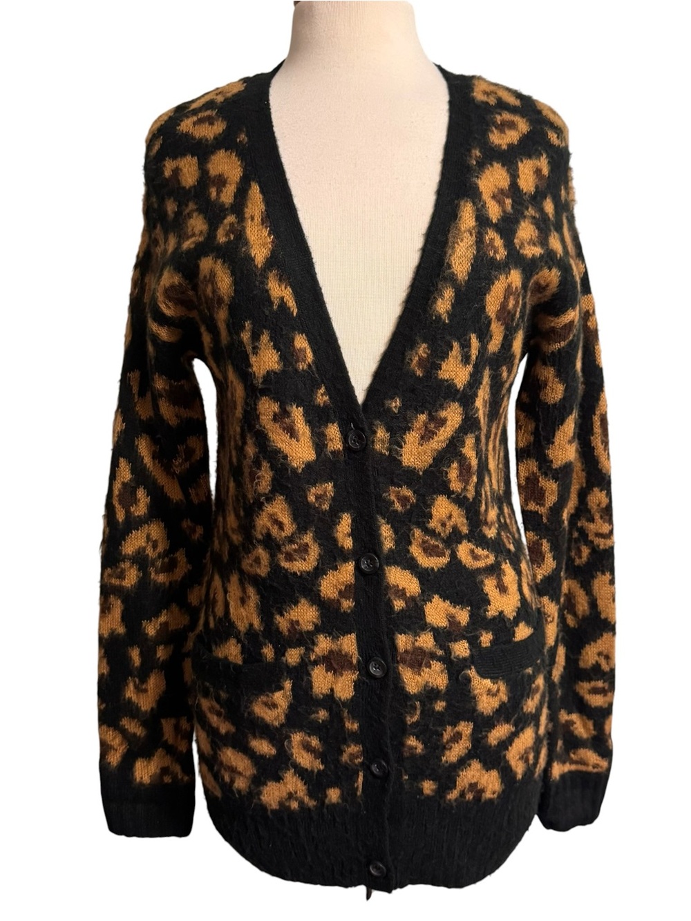 Mossimo Leopard Print Button-Front Cardigan Sweater Black & Brown size small